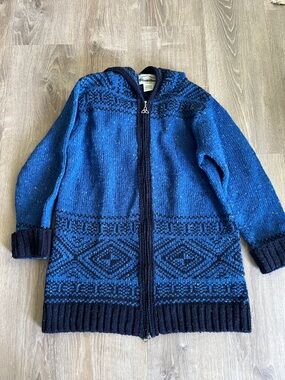 Aran Crafts Blue and Black Hooded Zip Sweater 100% Wool